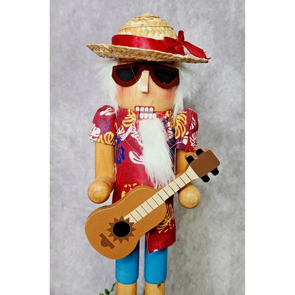 Beach Bum Nutcracker Hawaiian Tropical Shirt Santa Christmas Guitar Straw Hat‎